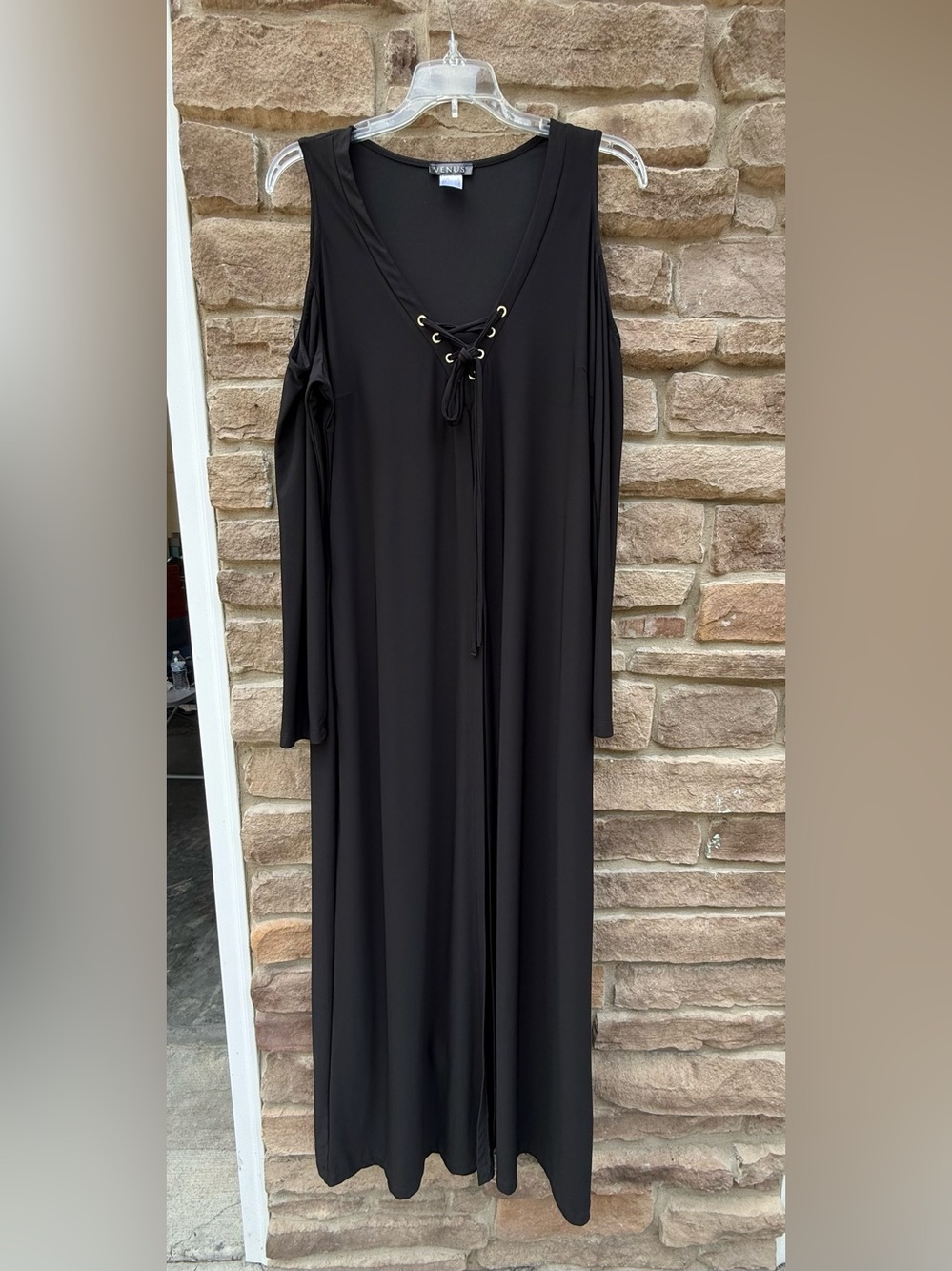 VENUS Black Lace-Up & Gold Grommet Cold Shoulder Maxi Or Tunic Dress | XL